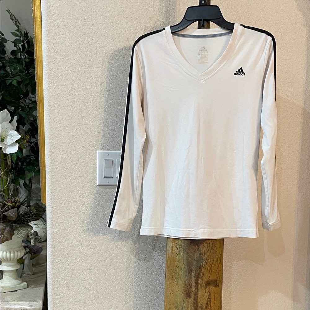 Adidas White V-Neck Long Sleeve 3 striped Top Ladies Size L preowned